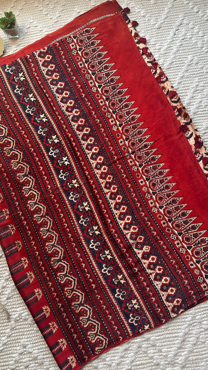HUES OF AUTUMN- SUPER PREMIUM & BUTTERY SOFT AJRAKH HAND BLOCK PRINTED MODAL SILK SAREE (DISPATCH TIME IS 5 TO 7 DAYS)