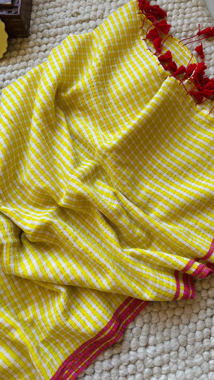 HANDWOVEN LEMON-YELLOW ZARI CHECKS PURE MULMUL COTTON SAREE (DISPATCH TIME IS 15-20 DAYS)