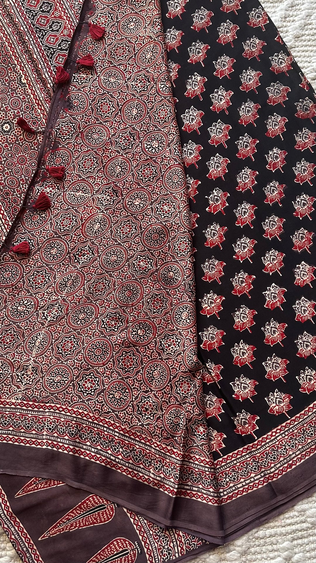 LOTUS BLOOMS 01 - SUPER PREMIUM & BUTTERY SOFT AJRAKH HAND BLOCK PRINTED MODAL SILK SAREE
