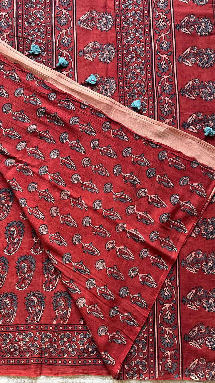 PREMIUM AJRAKH HAND BLOCK PRINTED PURE SOFT COTTON SAREE- 003
