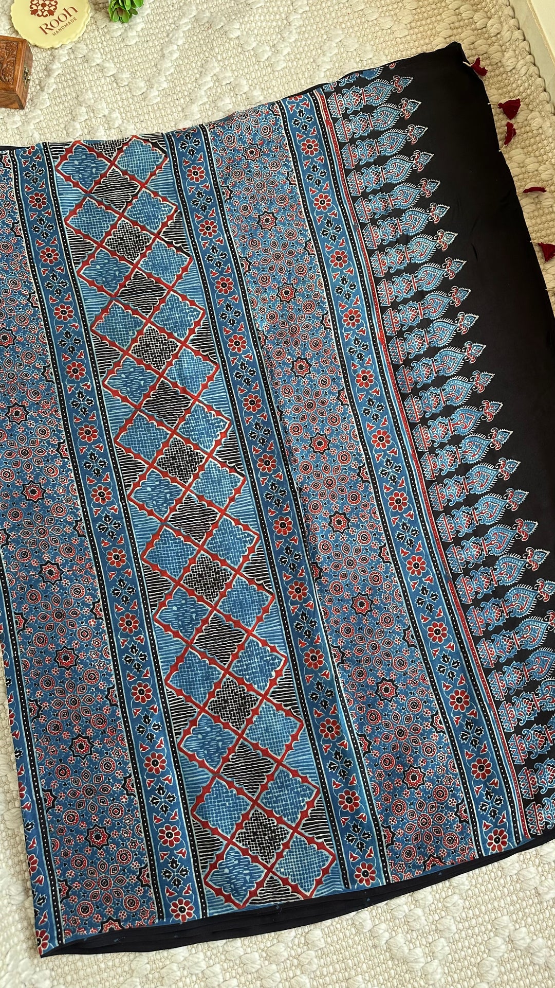 INDIGO PANES - PREMIUM AJRAKH HAND BLOCK PRINTED MODAL SILK SAREE