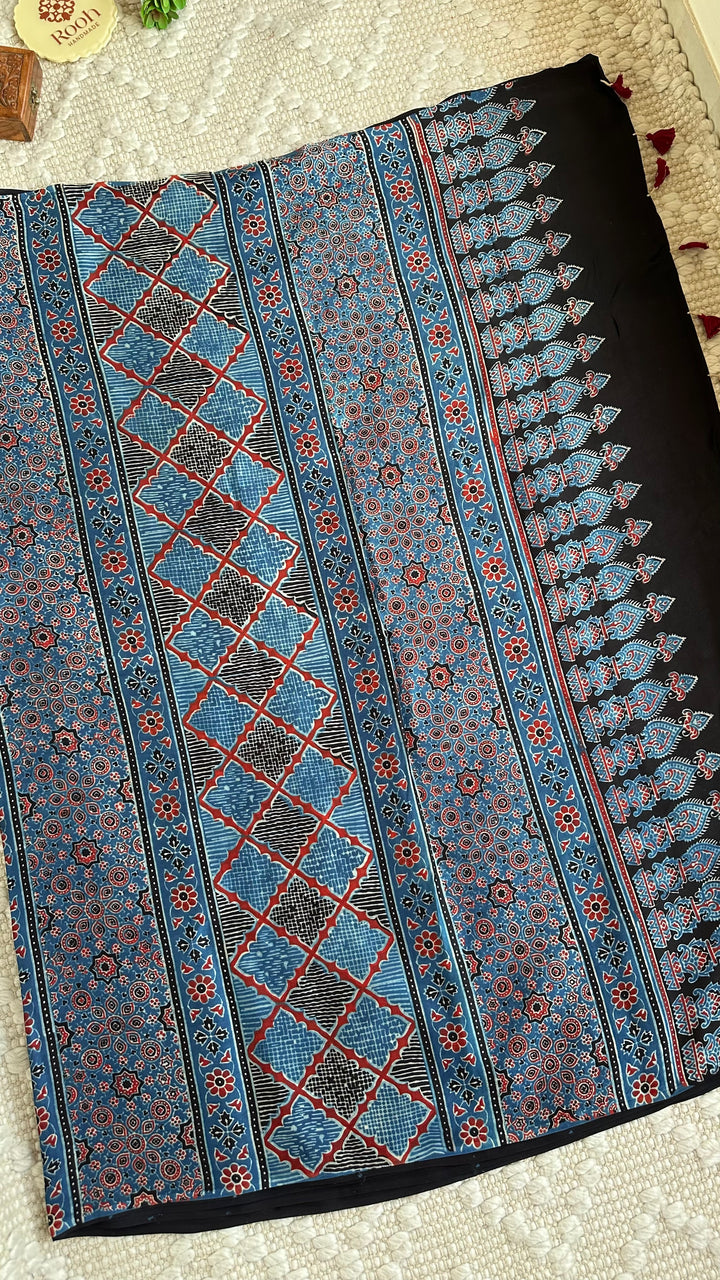 INDIGO PANES - PREMIUM AJRAKH HAND BLOCK PRINTED MODAL SILK SAREE