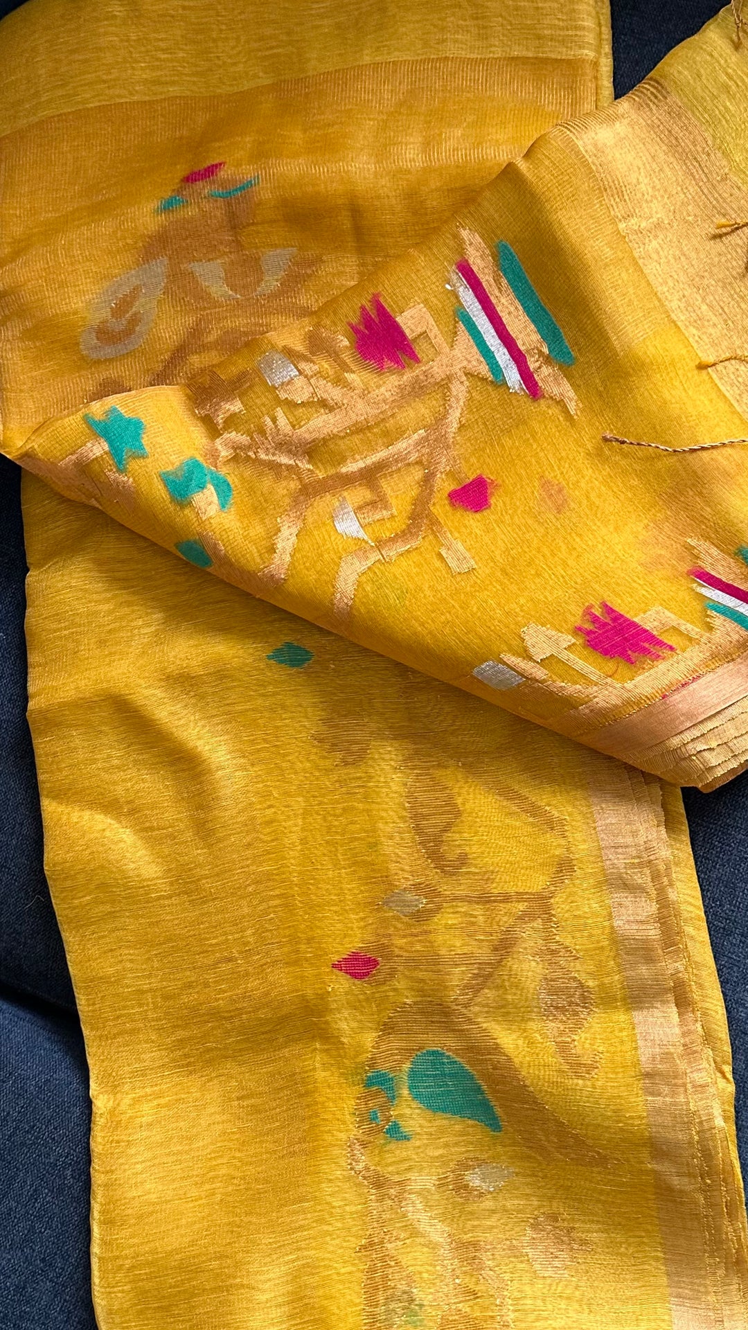 SUPER PREMIUM HANDWOVEN JAYASHREE LINEN BY TISSUE SILK NEEDLE-WORK JAMDANI SAREE - MUSTARD YELLOW