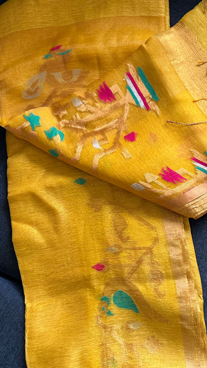 SUPER PREMIUM HANDWOVEN JAYASHREE LINEN BY TISSUE SILK NEEDLE-WORK JAMDANI SAREE - MUSTARD YELLOW