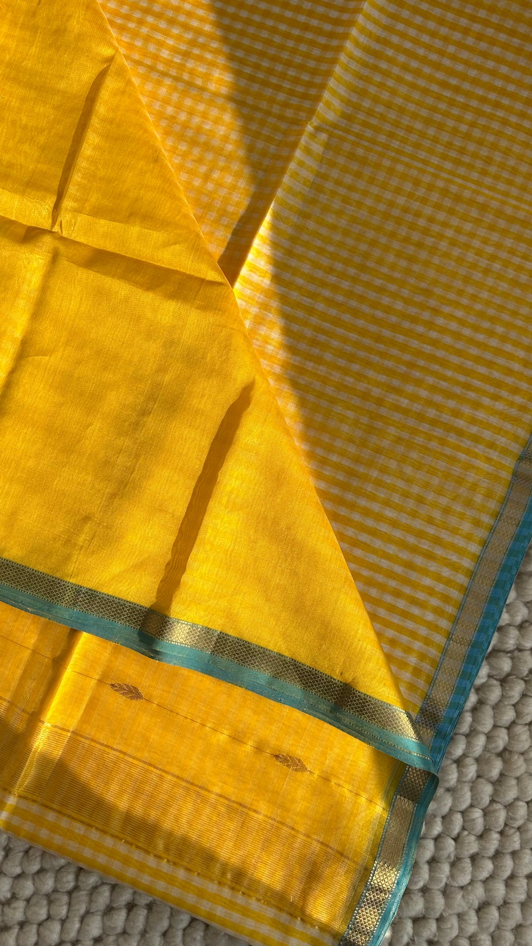 SUNSHINE YELLOW CHECKS - PREMIUM HANDWOVEN MAHESHWARI SILK BY COTTON SAREE (DISPATCH TIME IS 15-20 DAYS)