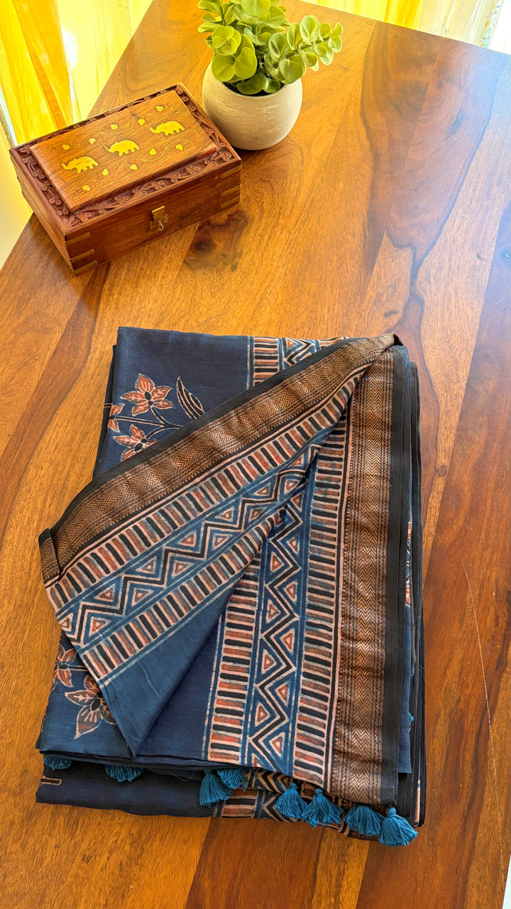 AJRAKH HAND BLOCK PRINTED MAHESHWARI SILK COTTON SAREE - 04