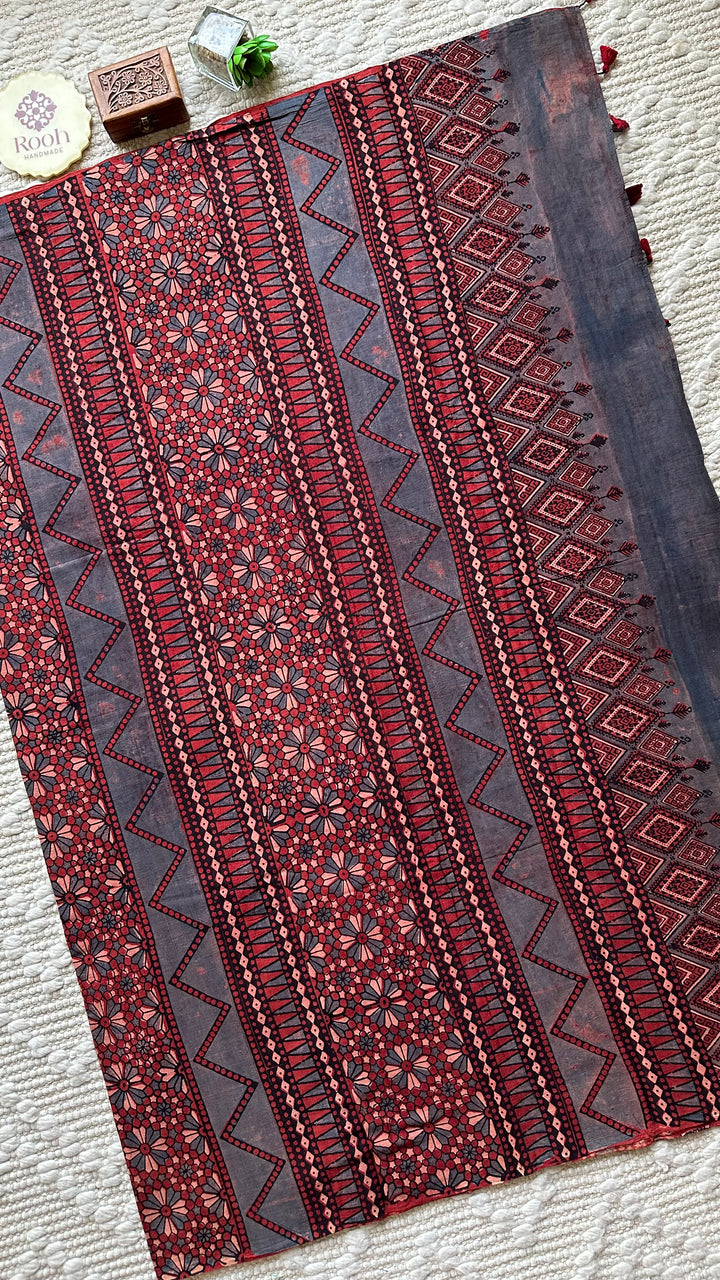 PREMIUM AJRAKH HAND BLOCK PRINTED PURE SOFT COTTON SAREE- 002