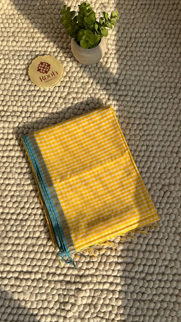 SUNSHINE YELLOW CHECKS - PREMIUM HANDWOVEN MAHESHWARI SILK BY COTTON SAREE (DISPATCH TIME IS 15-20 DAYS)