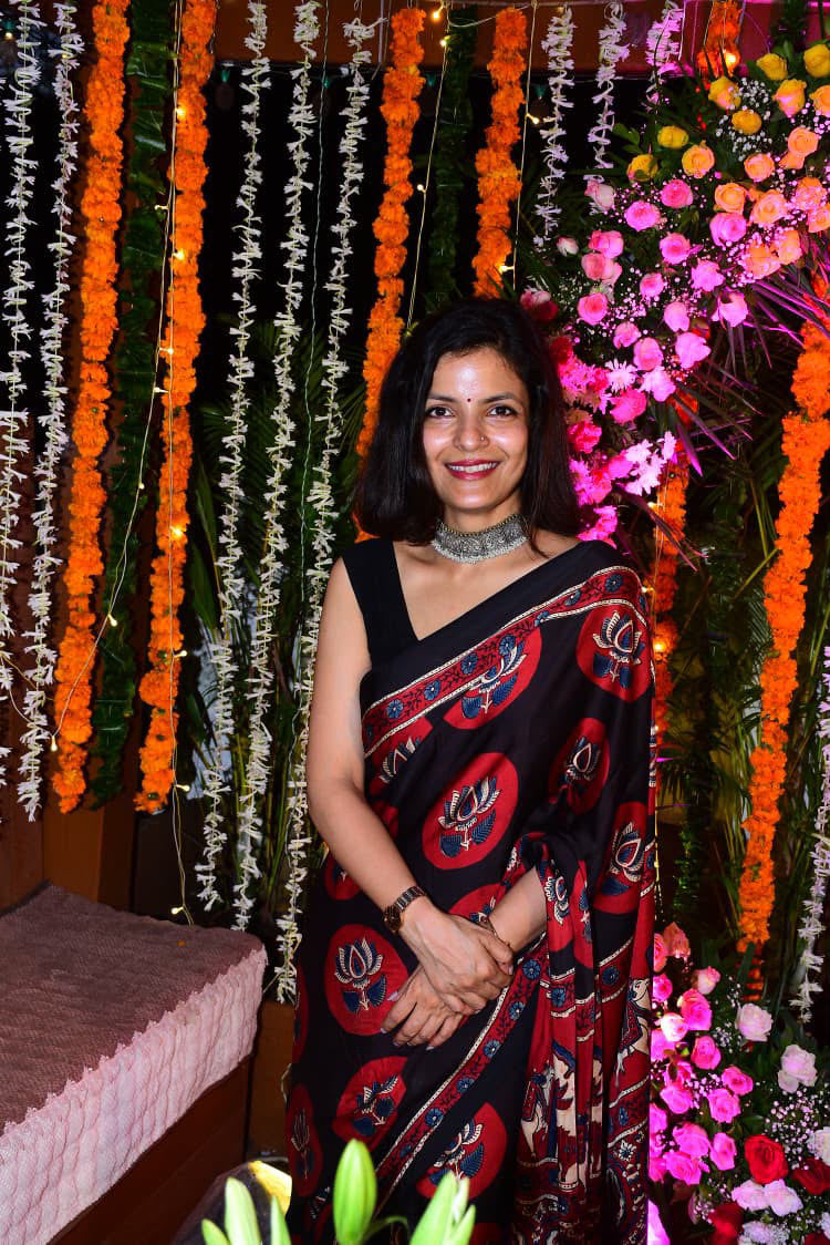 POLKA LOTUS - AJRAKH HAND BLOCK PRINTED PREMIUM MODAL SILK SAREE (DISPATCH TIME IS 30-35 DAYS)