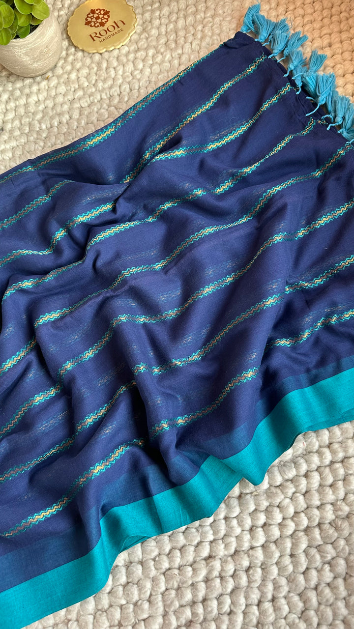 NAVI BLUE ZARI LINES PURE SUPER SOFT MULMUL COTTON SAREE - 019