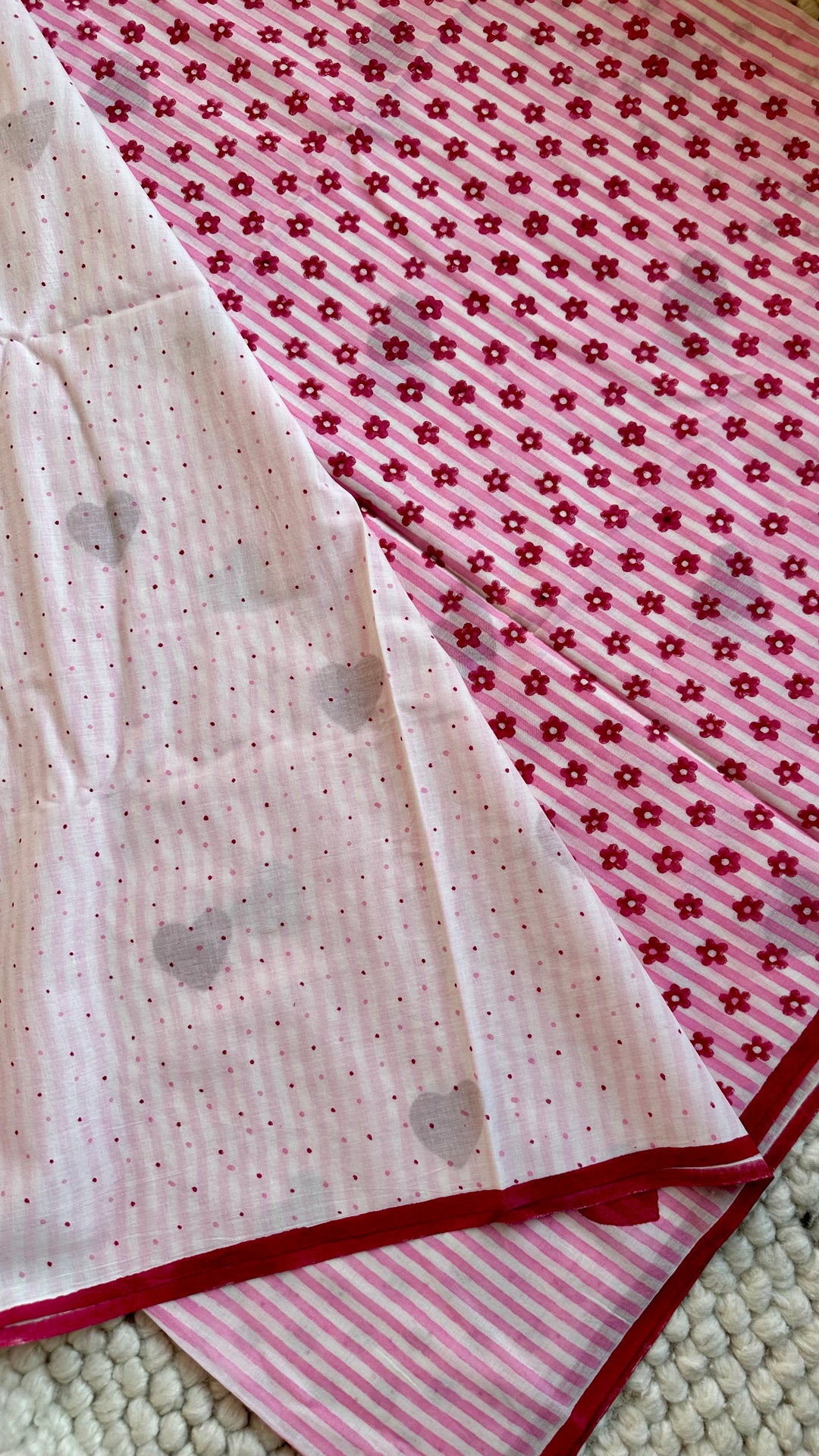 SANGANERI HAND BLOCK PRINTED SOFT MULMUL COTTON SAREE- CANDID HEARTS