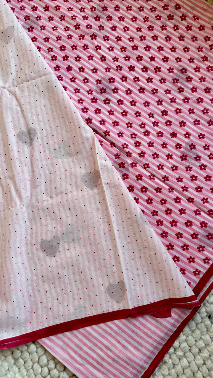 SANGANERI HAND BLOCK PRINTED SOFT MULMUL COTTON SAREE- CANDID HEARTS