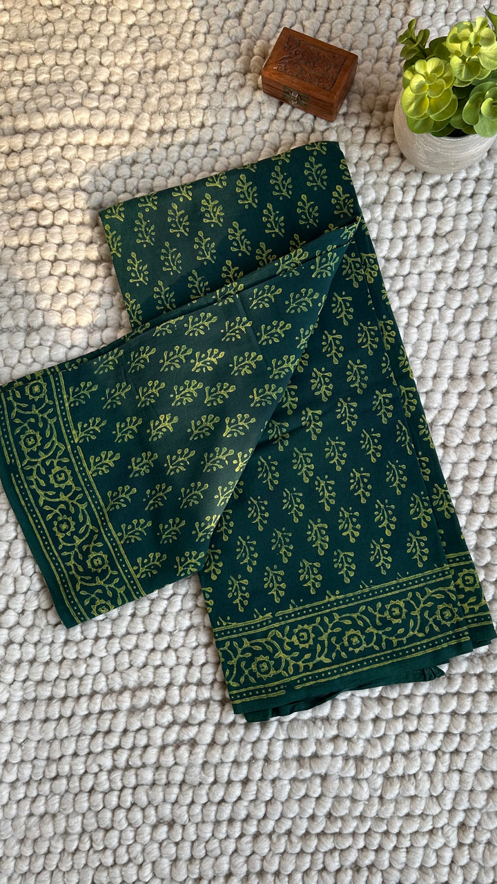 AKOLA INDIGO GREEN HAND BLOCK DABU PRINTED SOFT MULMUL COTTON SAREE- 033
