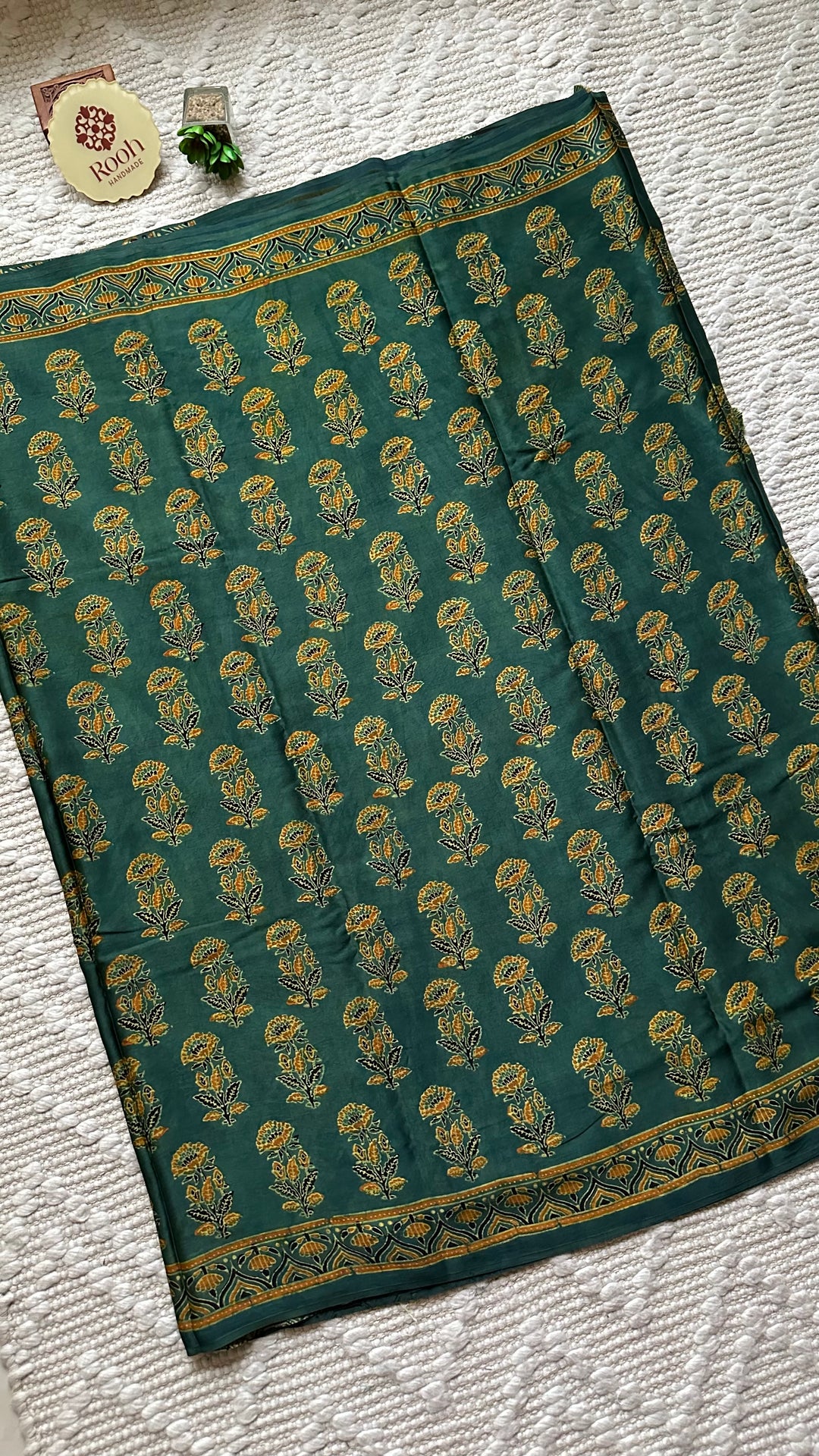 MAHIKA - DEEP GREEN PREMIUM AJRAKH HAND BLOCK PRINTED MODAL SILK SAREE
