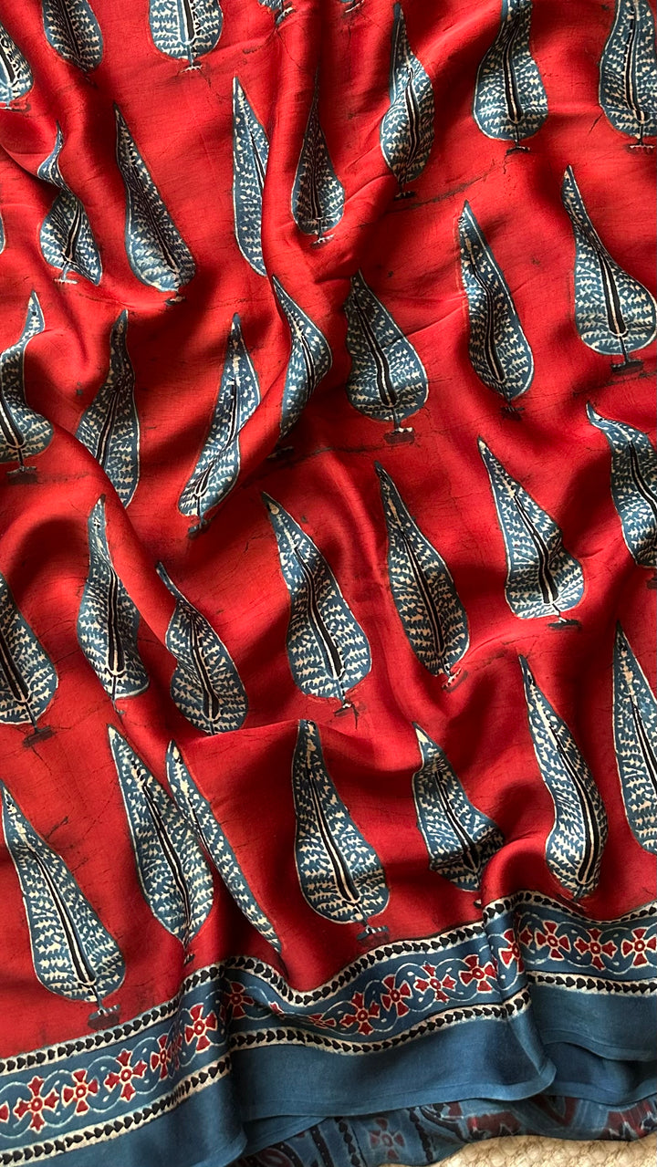 MADDER PINES - SUPER PREMIUM & BUTTERY SOFT AJRAKH HAND BLOCK PRINTED MODAL SILK SAREE (DISPATCH TIME - 7 TO 10 DAYS)