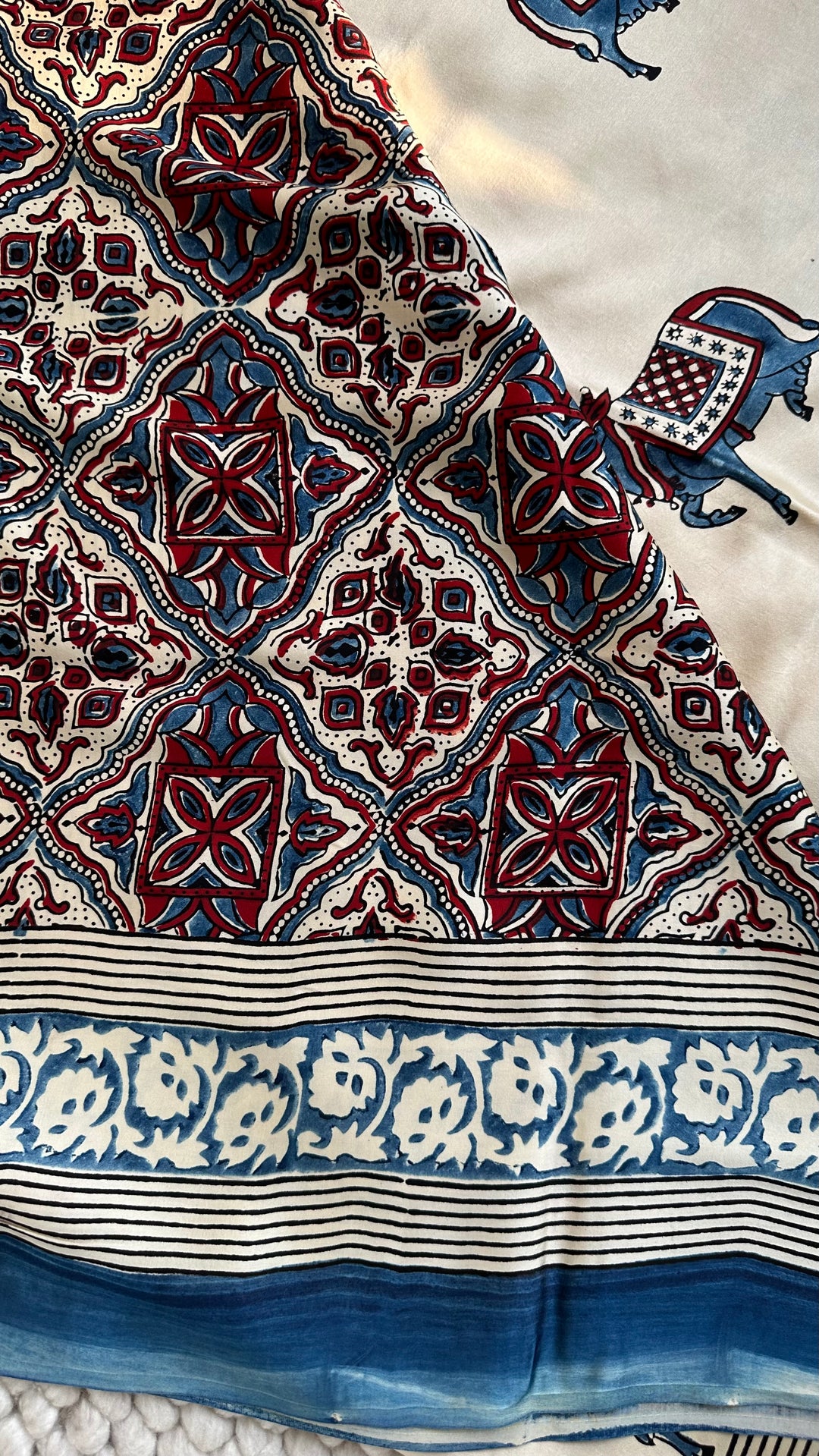 IVORY AND INDIGO PICHWAI  - AJRAKH HAND BLOCK PRINTED PREMIUM MODAL SILK SAREE (ONLY AVAILABLE ON PRE-ORDER - DISPATCH TIME IS 30-35 DAYS)