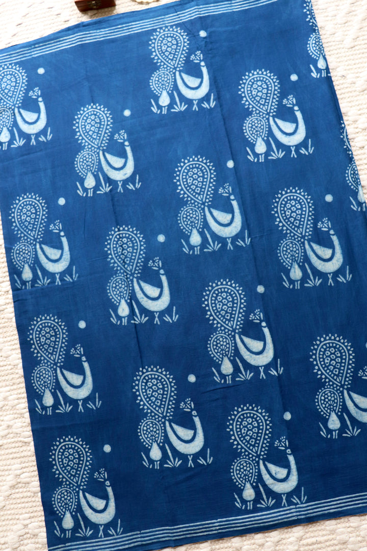 AKOLA INDIGO HAND BLOCK DABU PRINTED SOFT MULMUL COTTON SAREE- 022