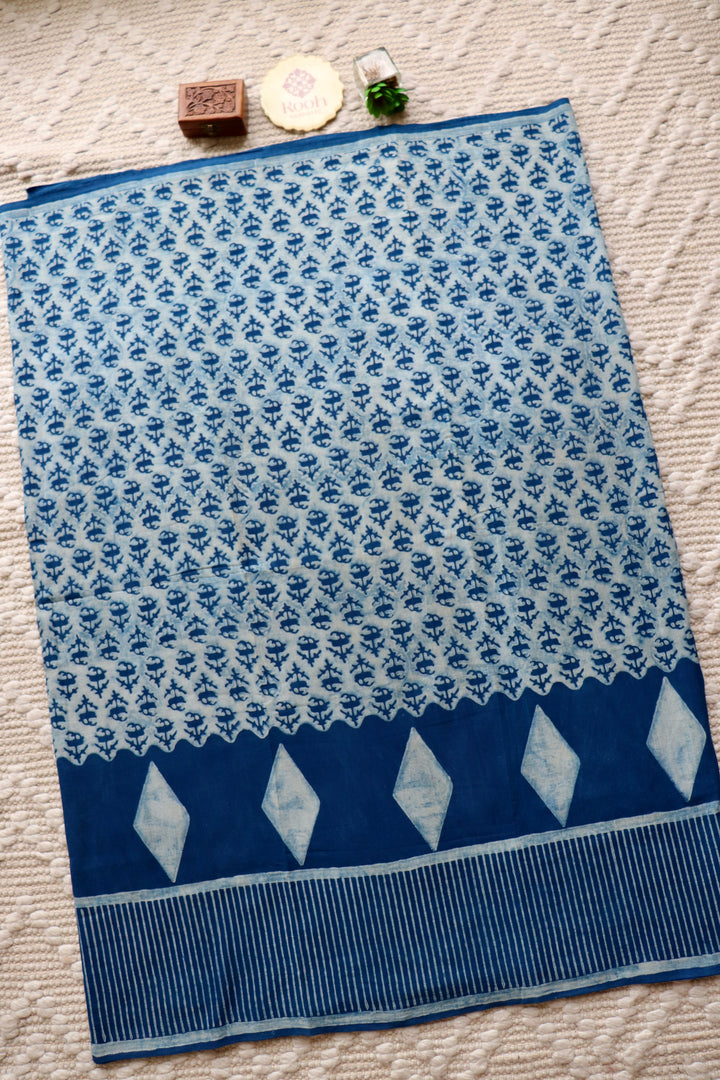 AKOLA INDIGO HAND BLOCK DABU PRINTED SOFT MULMUL COTTON SAREE- 018