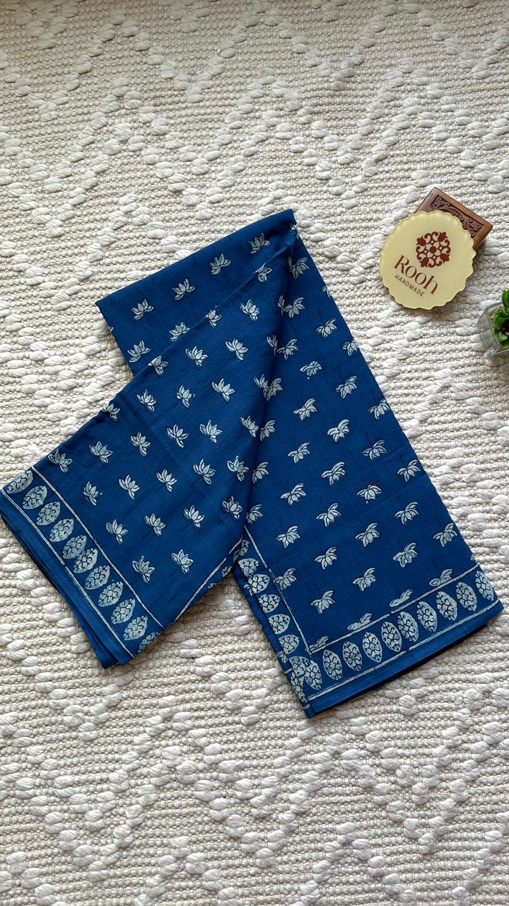 AKOLA INDIGO HAND BLOCK DABU PRINTED SOFT MULMUL COTTON SAREE- 006