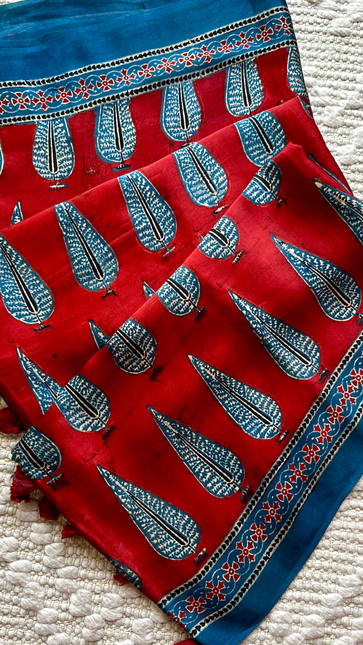 MADDER PINES - SUPER PREMIUM & BUTTERY SOFT AJRAKH HAND BLOCK PRINTED MODAL SILK SAREE (DISPATCH TIME - 7 TO 10 DAYS)