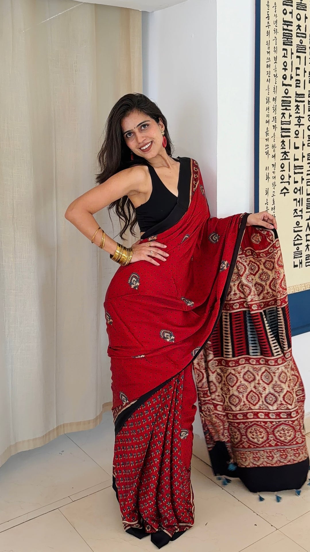 MADDER RED BLOOMS - PREMIUM HALF AND HALF AJRAKH HAND BLOCK PRINTED PREMIUM MODAL SILK SAREE