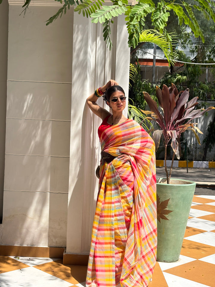 HANDWOVEN MULTICOLOUR CHECKERED MULMUL COTTON SAREE - 04 (DISPATCH TIME - 7 TO 10 DAYS)