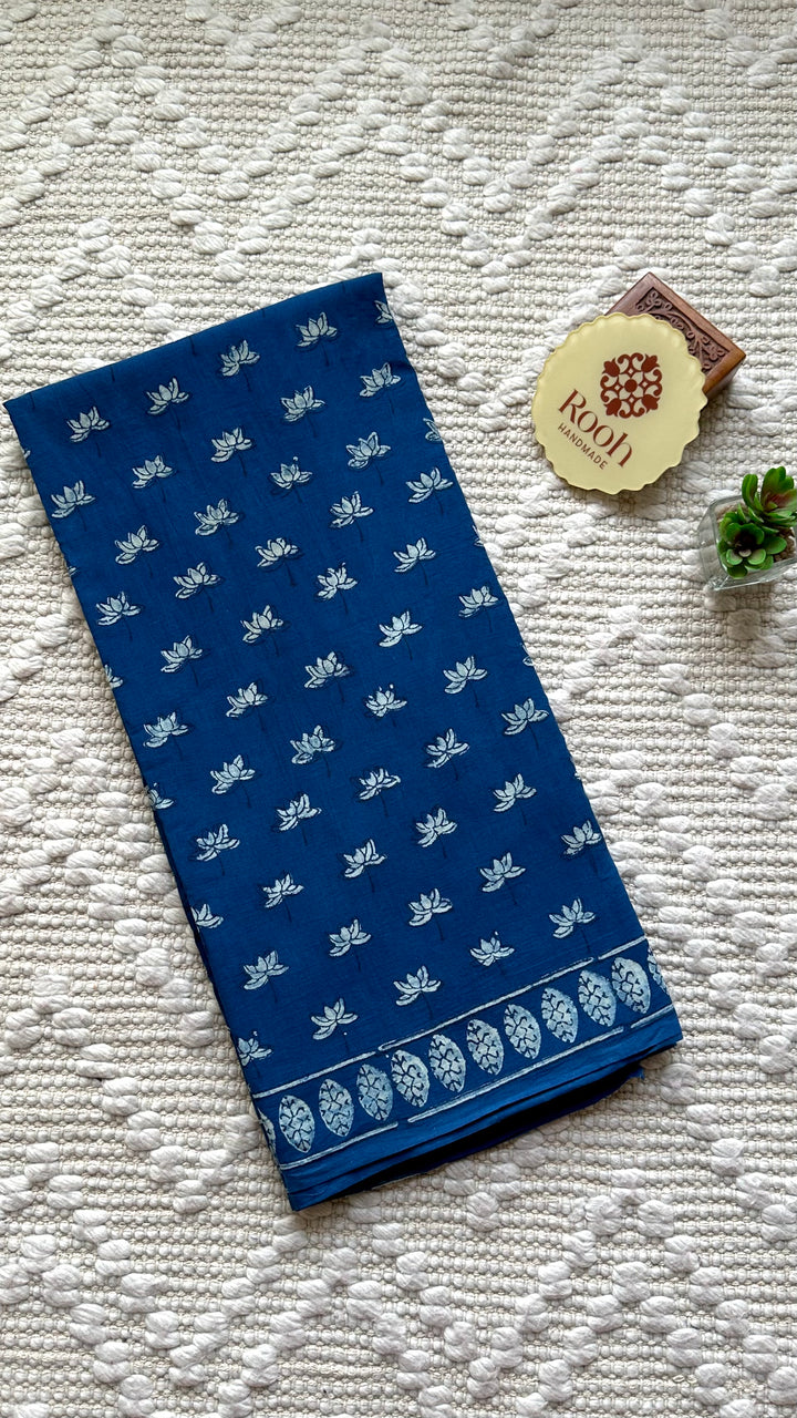 AKOLA INDIGO HAND BLOCK DABU PRINTED SOFT MULMUL COTTON SAREE- 006