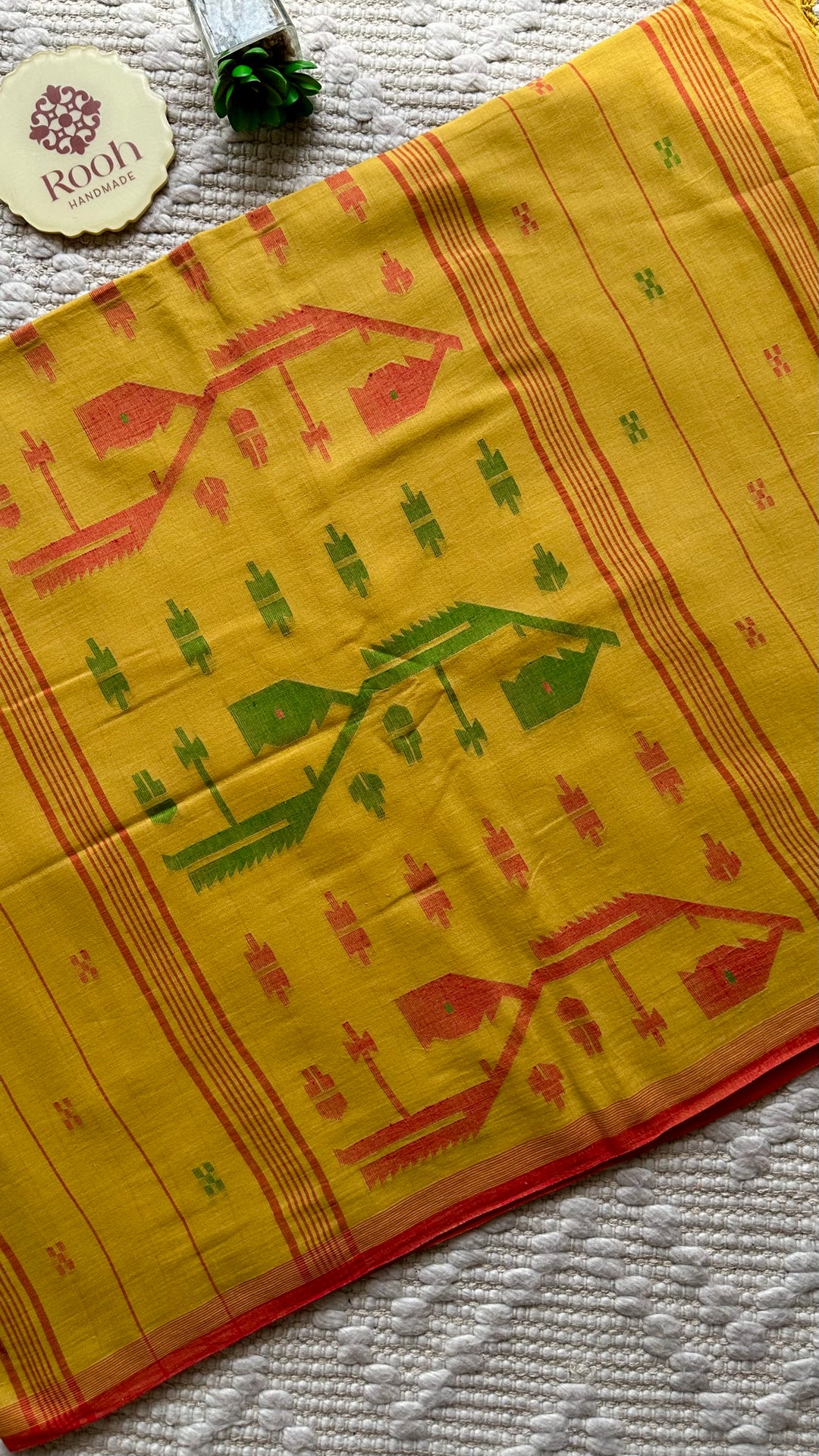 PREMIUM JAMDANI WEAVE HANDWOVEN AND HANDSPUN COTTON SAREE -  AMBER YELLOW