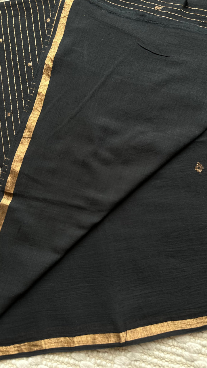PREMIUM JAMDANI WEAVE HANDWOVEN AND HANDSPUN COTTON SAREE - RAVEN BLACK