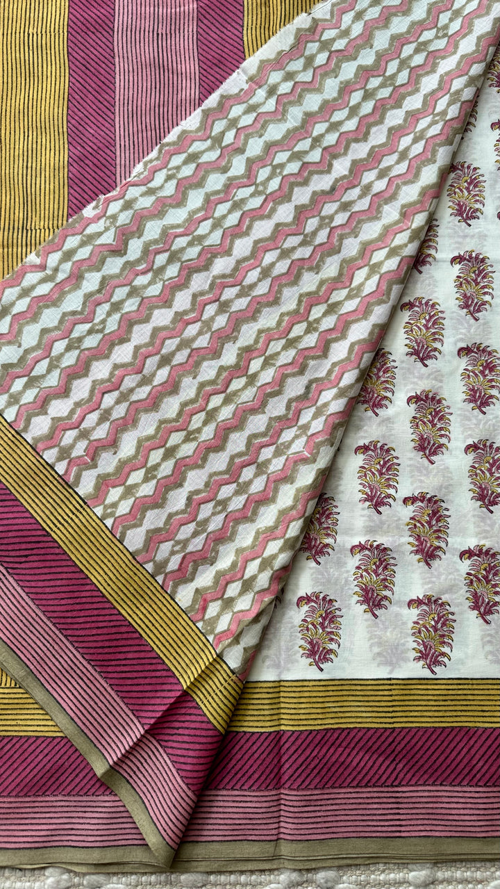SANGANERI HAND BLOCK PRINTED SOFT MULMUL COTTON SAREE- 015