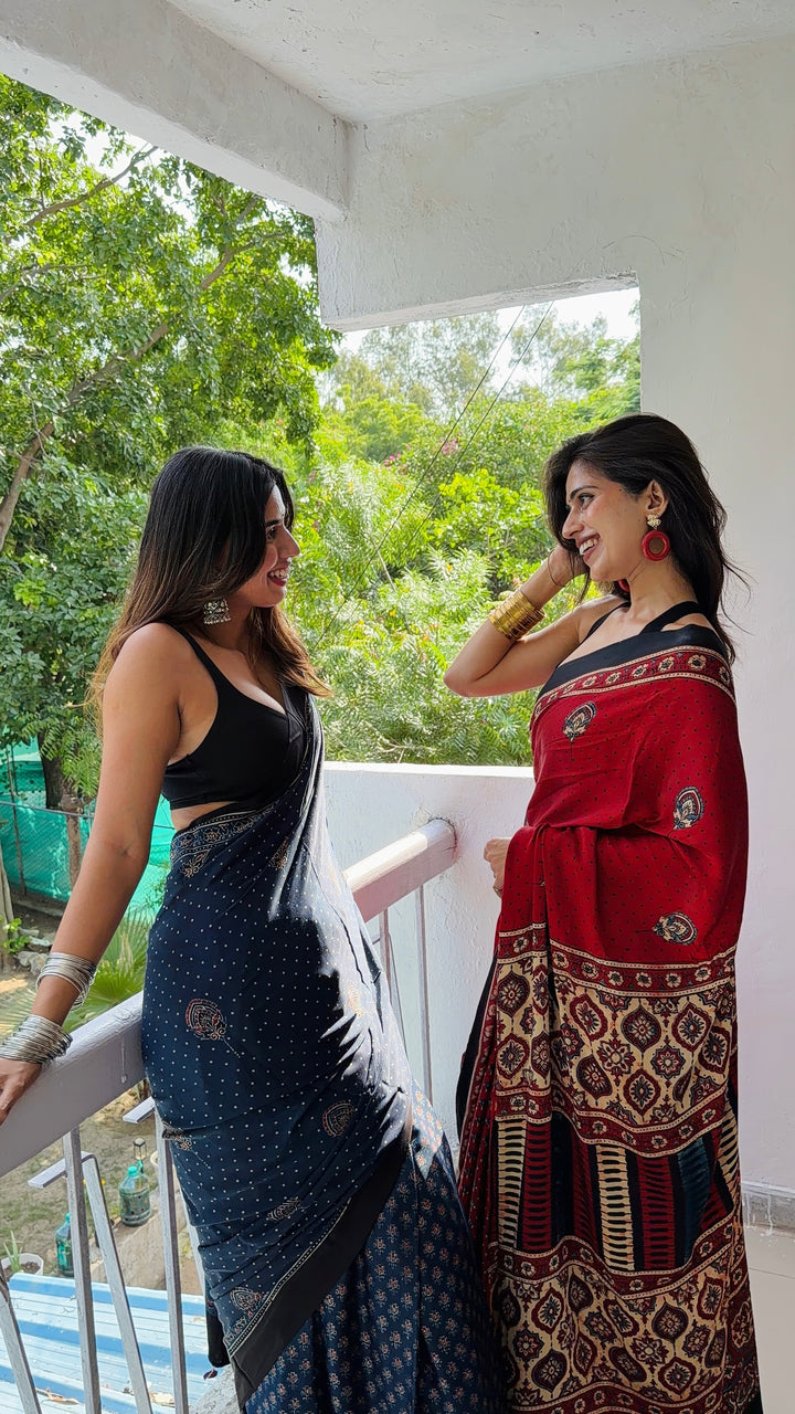 INDIGO BLOOMS - PREMIUM HALF AND HALF AJRAKH HAND BLOCK PRINTED PREMIUM MODAL SILK SAREE