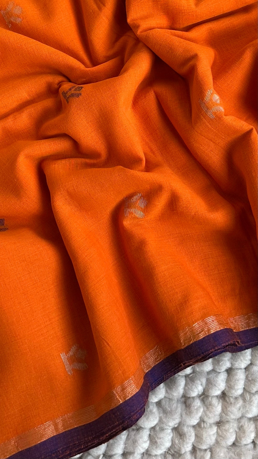 PREMIUM NEEDLE WORK JAMDANI HANDWOVEN AND HANDSPUN COTTON SAREE - SAFFRON ORANGE