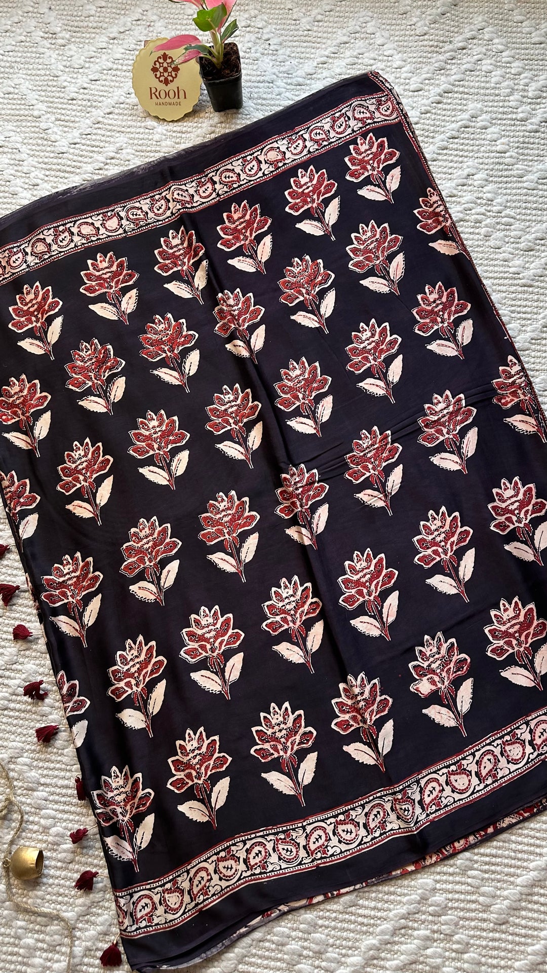 BLOSSOMS ON MIDNIGHT BLACK- SUPER PREMIUM & BUTTERY SOFT AJRAKH HAND BLOCK PRINTED MODAL SILK SAREE