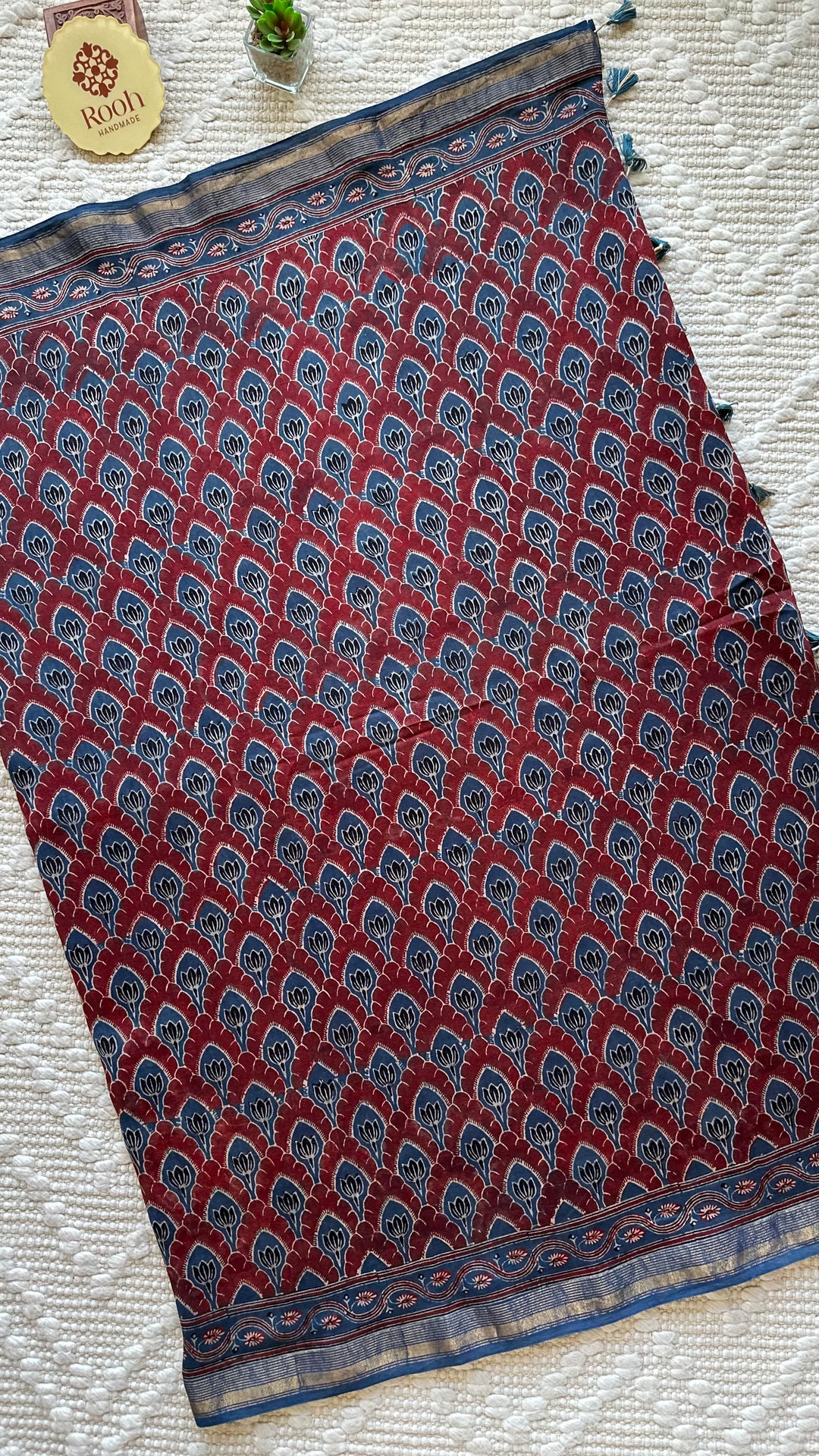 LOTUS PANES - MADDER RED AND INDIGO AJRAKH HAND BLOCK PRINTED SILK COTTON SAREE