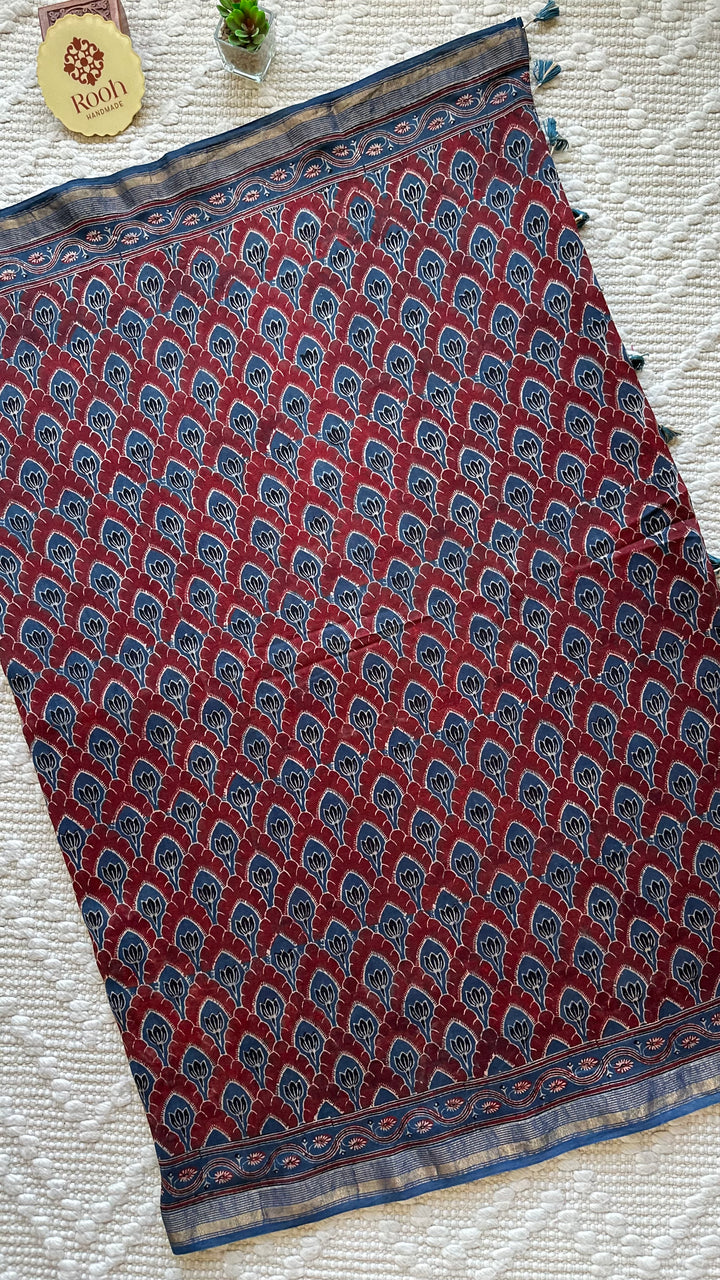 LOTUS PANES - MADDER RED AND INDIGO AJRAKH HAND BLOCK PRINTED SILK COTTON SAREE