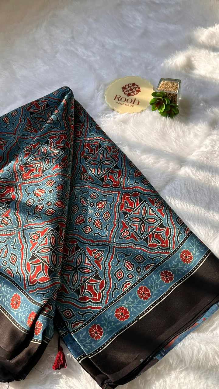INDIGO GLARE - AJRAKH HAND BLOCK PRINTED MODAL SILK SAREE (DISPATCH TIME IS 7 TO 10 DAYS)