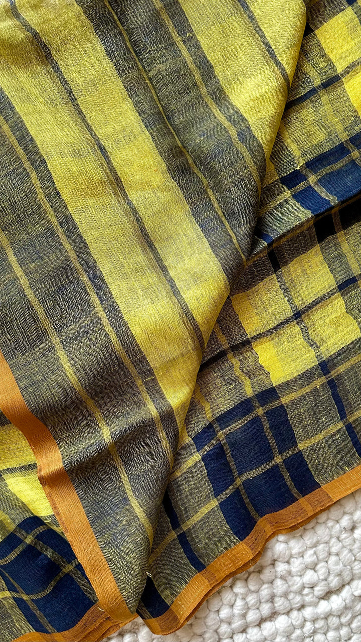 Multi Colour Checked Pure Handwoven Linen Saree - 010