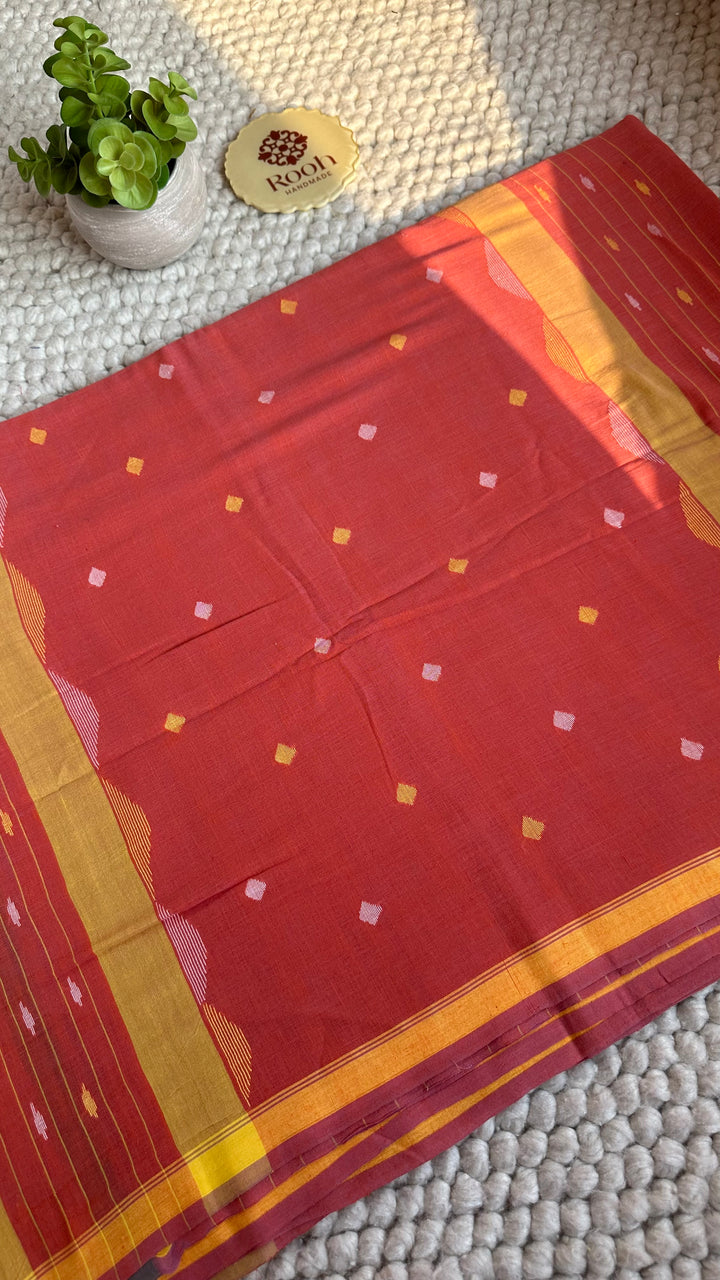 PREMIUM NEEDLE WORK JAMDANI HANDWOVEN AND HANDSPUN COTTON SAREE - PEACHY ORANGE