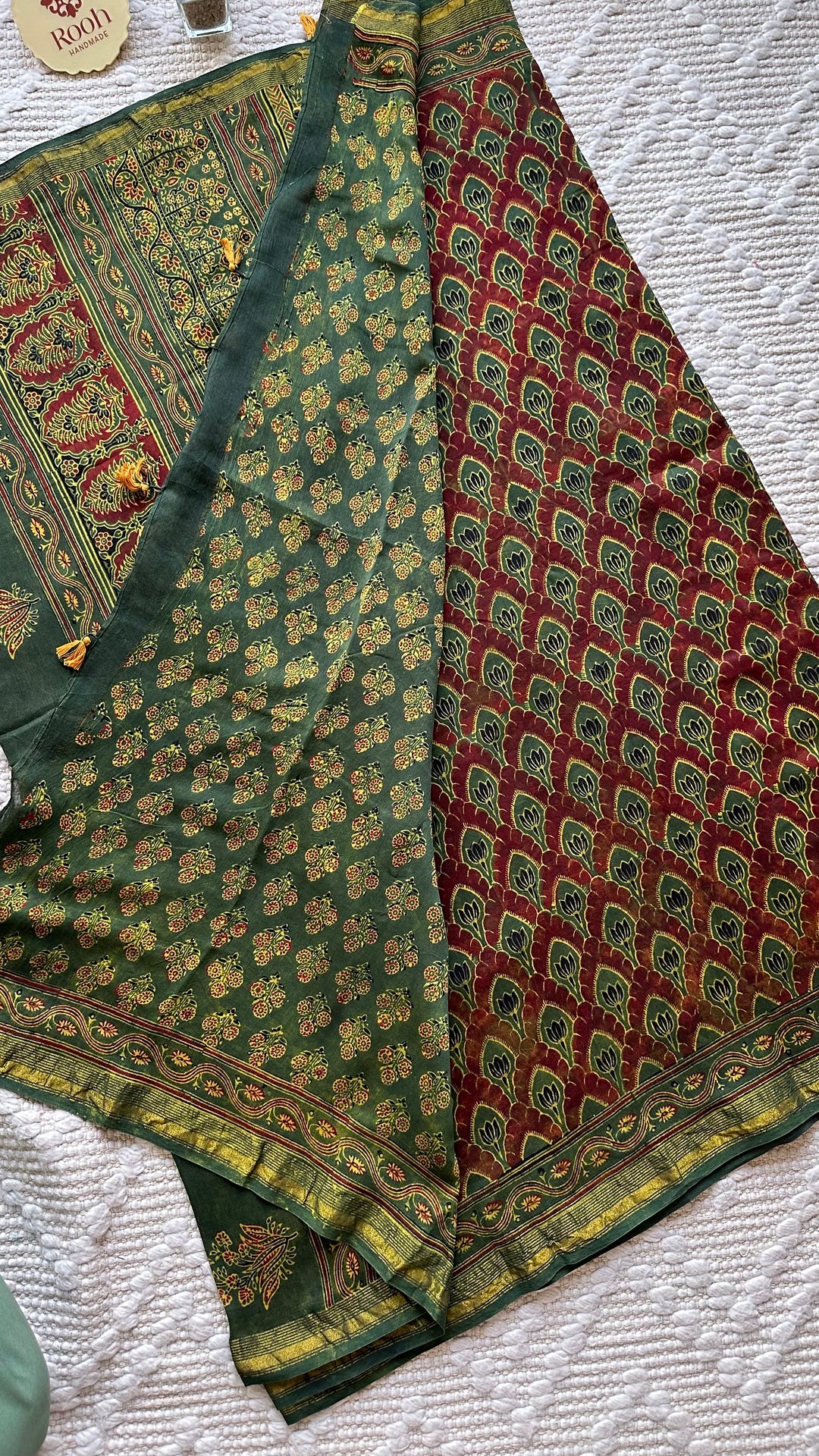 LOTUS PANES - MADDER RED AND GREEN AJRAKH HAND BLOCK PRINTED SILK COTTON SAREE