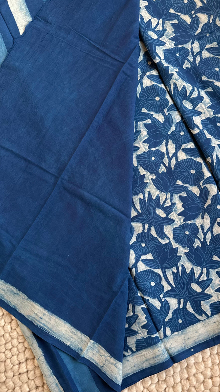 AKOLA INDIGO HAND BLOCK DABU PRINTED SOFT MULMUL COTTON SAREE- 002