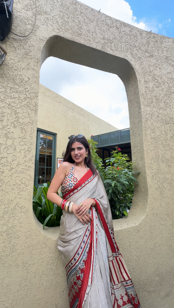 THE CLASSIC STRIPES - AJRAKH HAND BLOCK PRINTED MODAL SILK SAREE (ONLY AVAILABLE ON PRE-ORDER - DISPATCH TIME IS 30-35 DAYS)