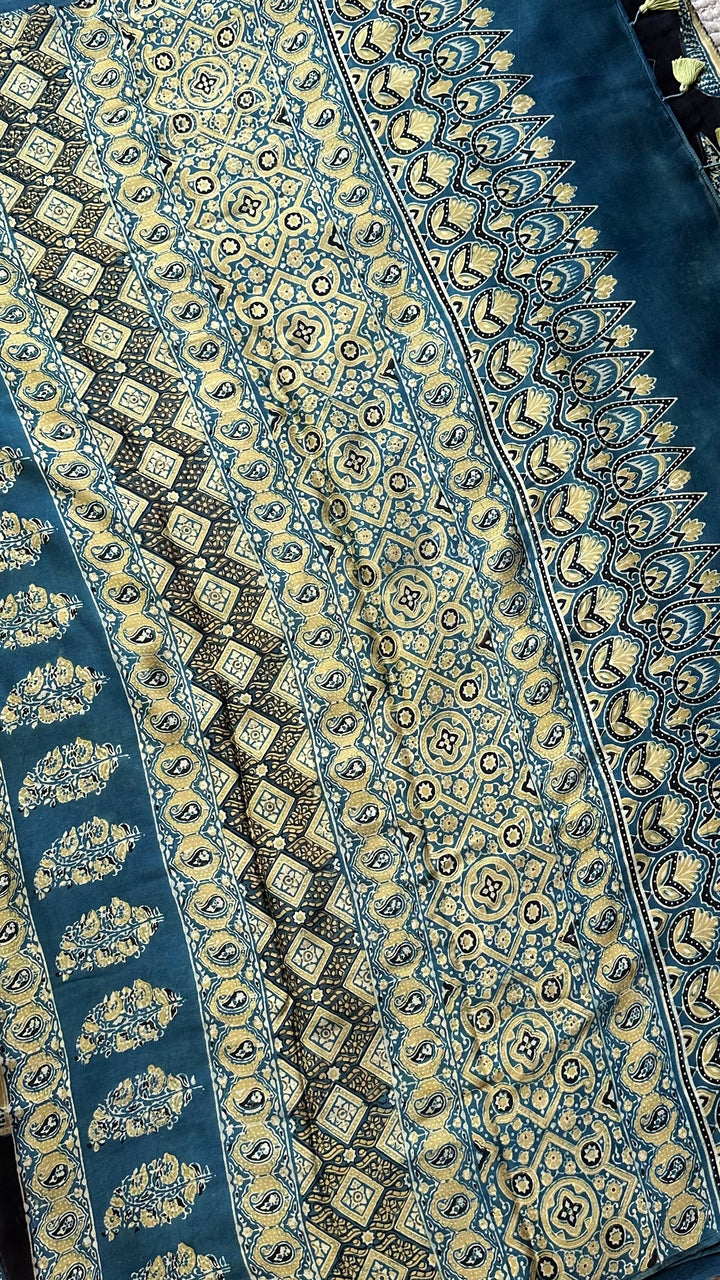 MIDNIGHT PINES - SUPER PREMIUM & BUTTERY SOFT AJRAKH HAND BLOCK PRINTED MODAL SILK SAREE