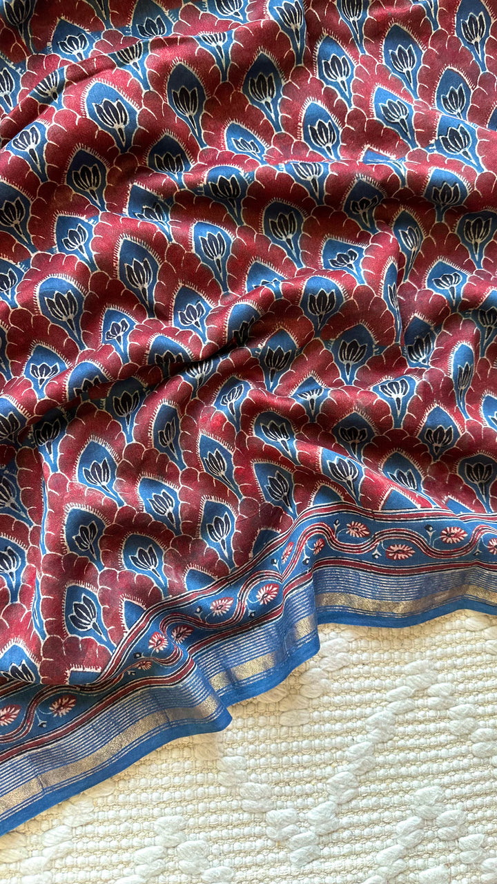LOTUS PANES - MADDER RED AND INDIGO AJRAKH HAND BLOCK PRINTED SILK COTTON SAREE