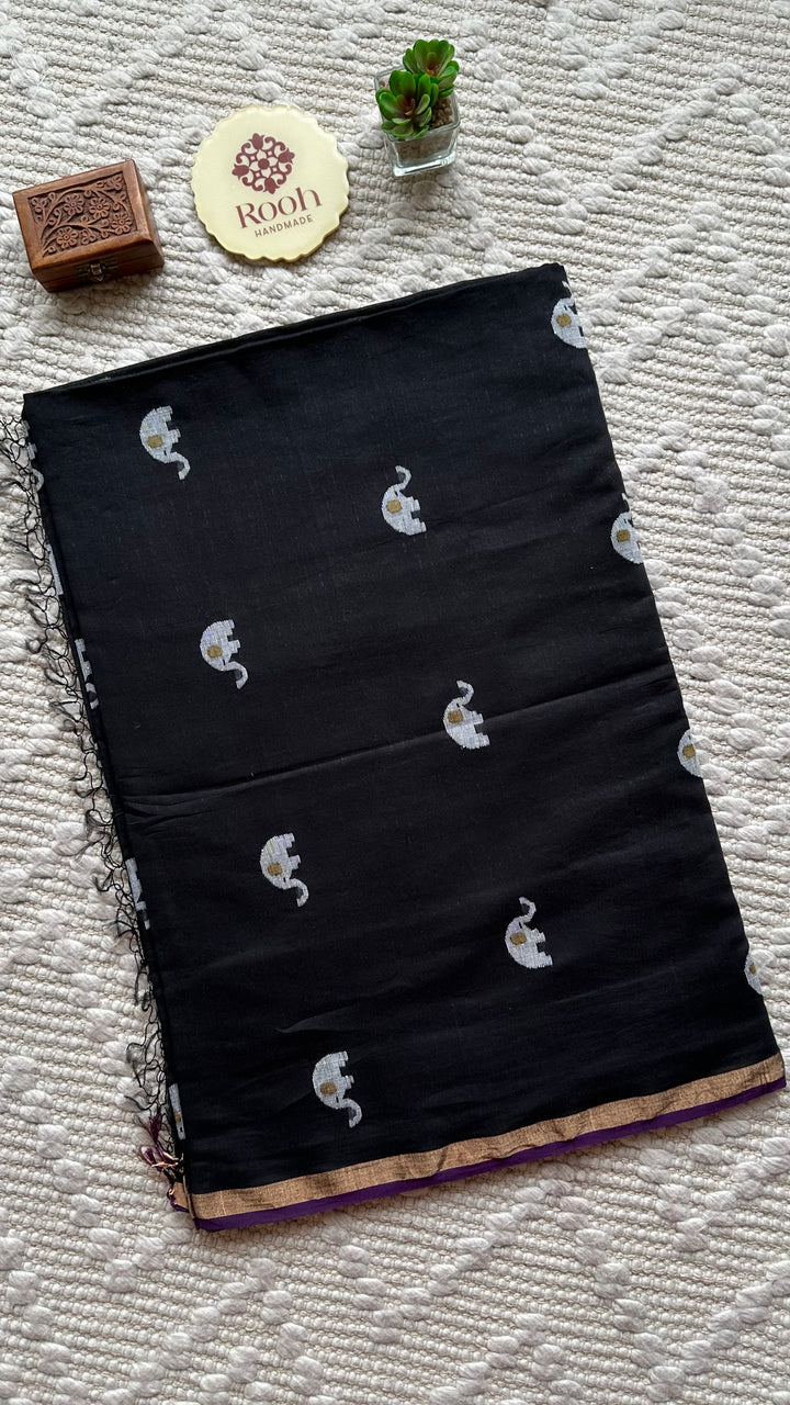 PREMIUM JAMDANI WEAVE HANDWOVEN PURE SILK BY PURE COTTON SAREE - OXFORD BLACK