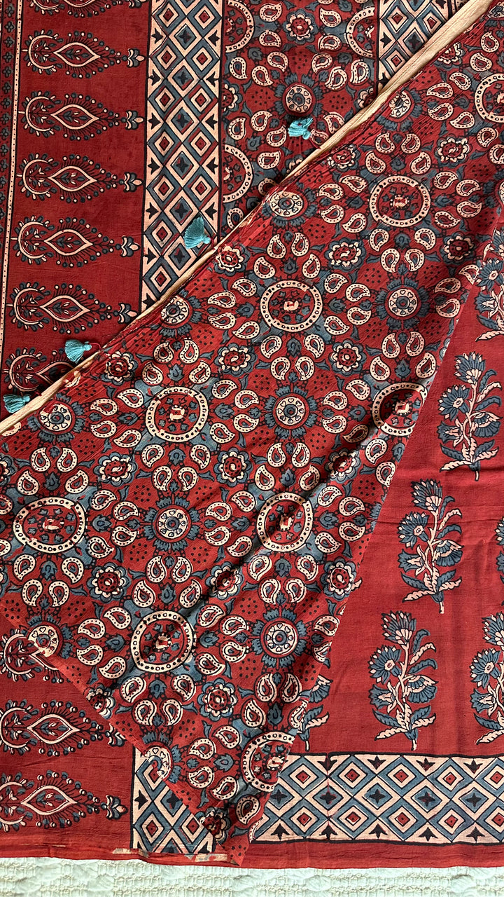PREMIUM AJRAKH HAND BLOCK PRINTED PURE SOFT COTTON SAREE- 001
