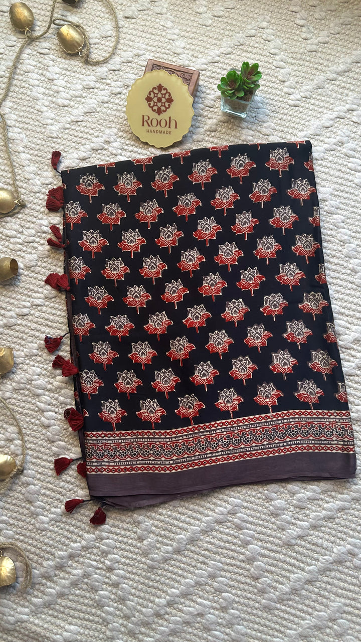 LOTUS BLOOMS 01 - SUPER PREMIUM & BUTTERY SOFT AJRAKH HAND BLOCK PRINTED MODAL SILK SAREE