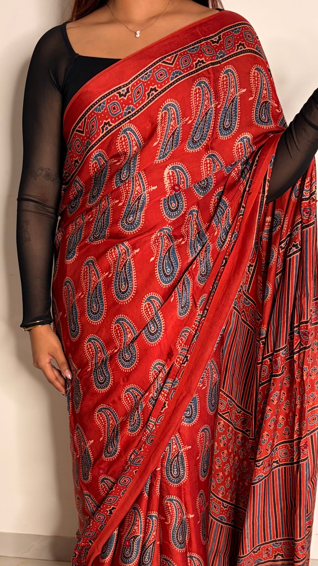 HEER - AJRAKH MADDER RED HAND BLOCK PRINTED PREMIUM MODAL SILK SAREE WITH MINIMAL MIRROR HAND-EMBROIDERY