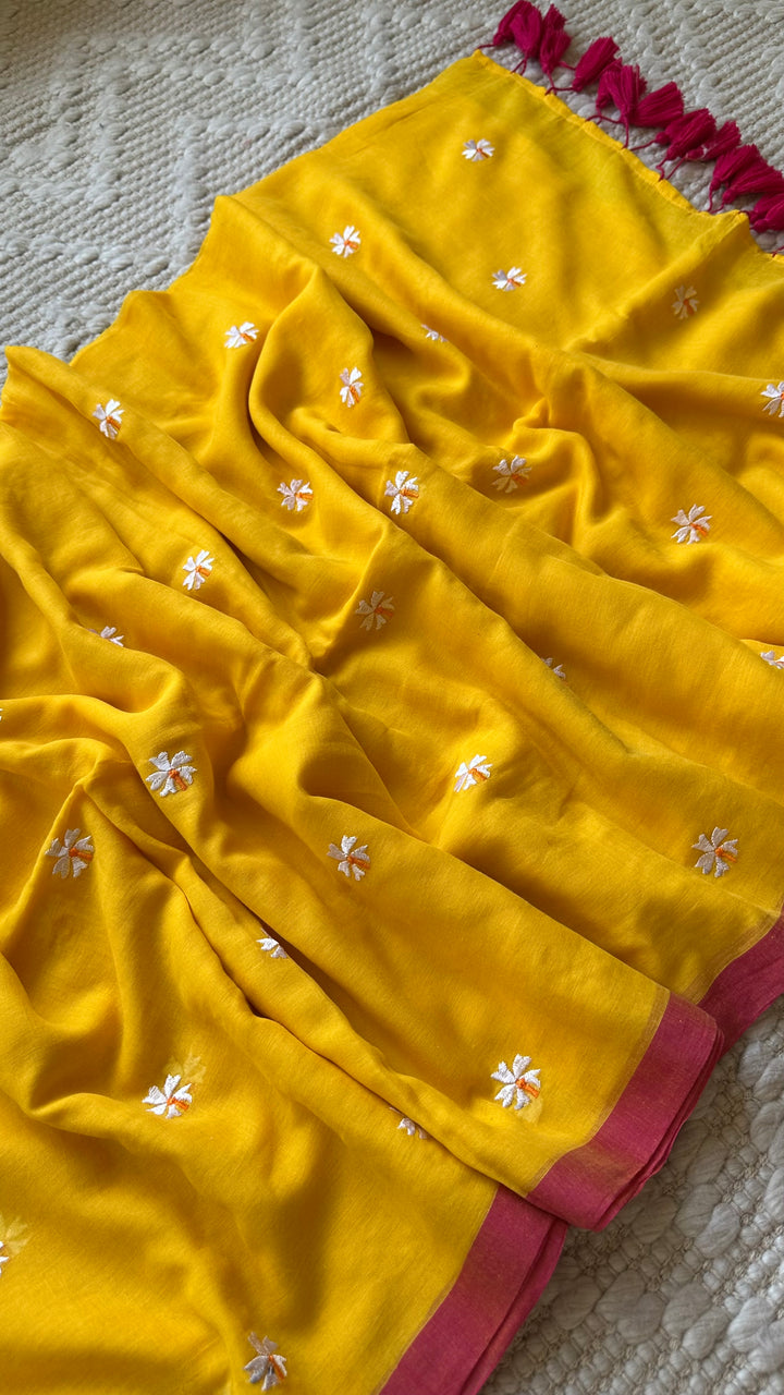 SHIULI - SUNSHINE YELLOW WITH PINK BORDER SUPER SOFT MUL COTTON SAREE (DISPATCH TIME - 7 TO 10 DAYS)