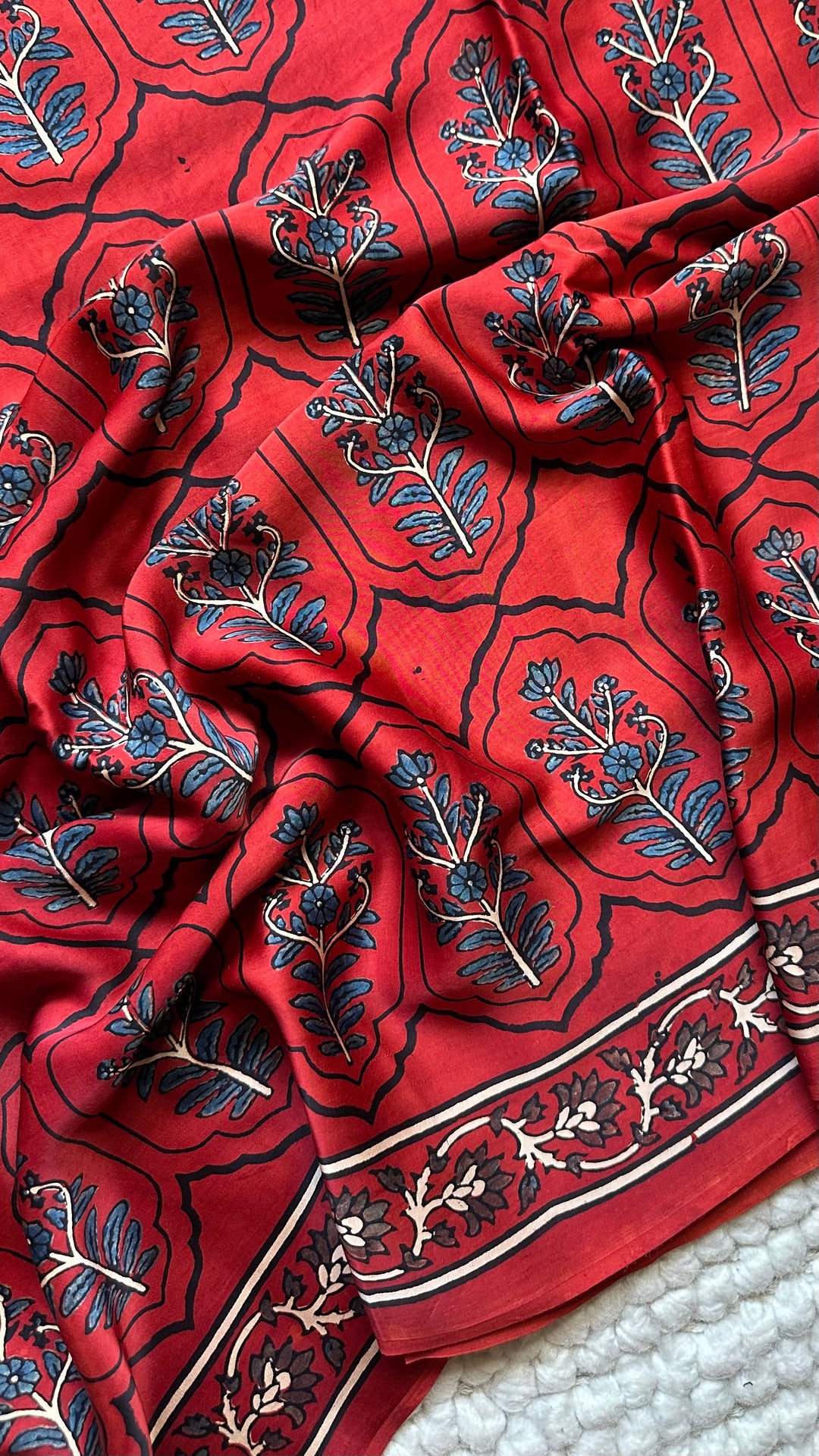 JHAROKHA- MADDER RED AJRAKH HAND BLOCK PRINTED PREMIUM MODAL SILK SAREE