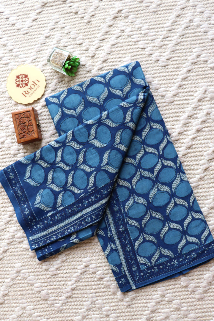 AKOLA INDIGO HAND BLOCK DABU PRINTED SOFT MULMUL COTTON SAREE- 020